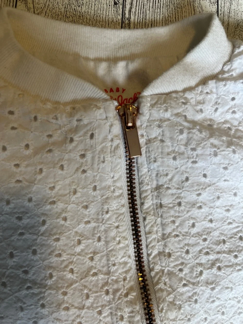 Cat & Jack White Eyelet Bomber Jacket Rose Gold Color Zipper Pull 6-9 Months